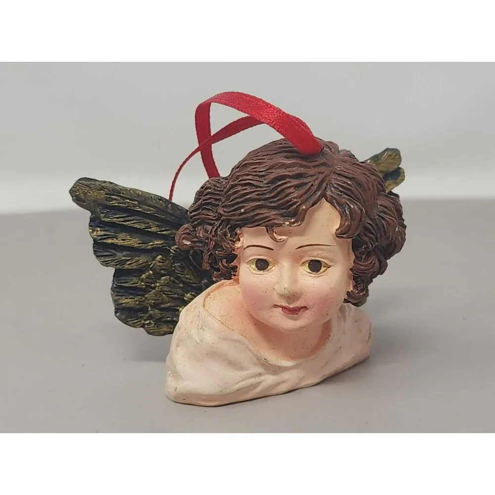 Set Of 3‎ Resin Angel Cherub Ornaments With Green Wings & Red Ribbon Hangers